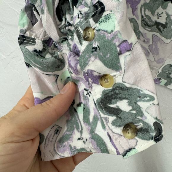 Club Monaco Purple Green Floral Boho Blouse Womens XL Peasant Long Sleeve Shirt - Picture 2 of 11